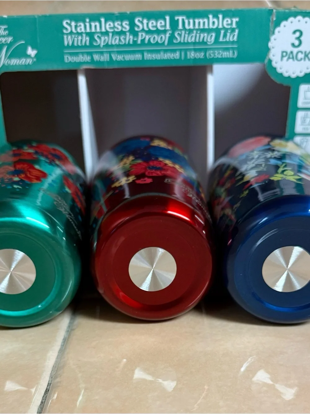 NIB The Pioneer Woman Turquoise & Navy Floral Stainless Steel Tumbler 3-Pack